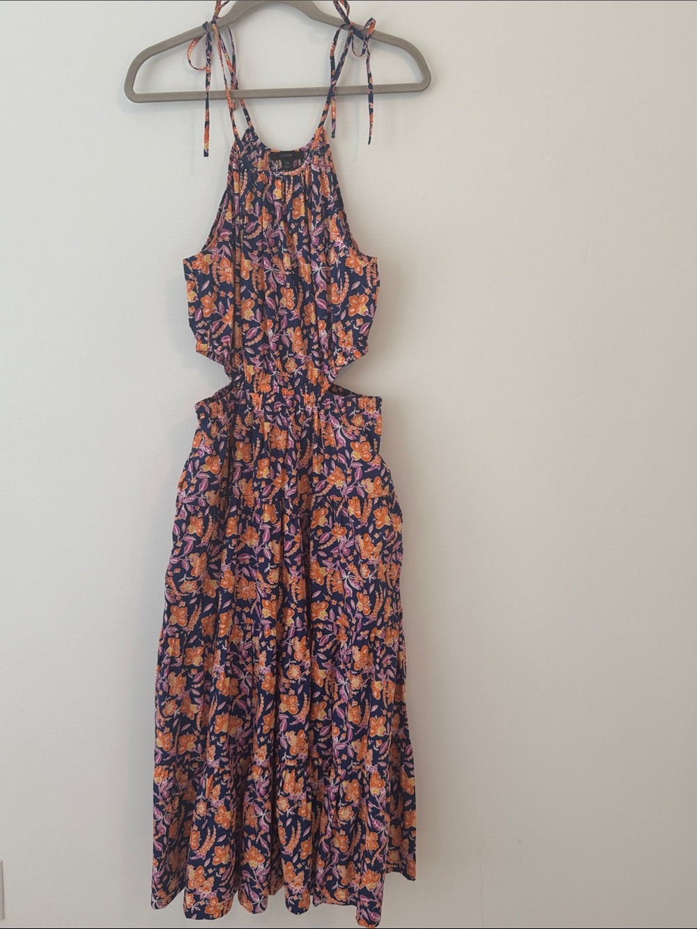 J. Crew Navy Floral Cutout Maxi Dress with Orange & Pink Accents